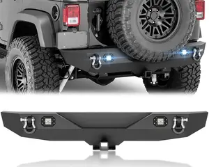 【Yzona】Off-Road Rear Bumper Compatible with 2007-2018 Jeep Wrangler JK JKU Unlimited 2/4 Doors with 2 x 4.75-ton D-rings, 2 x 18W LED Lights & 2" Hitch Receiver, Textured Black