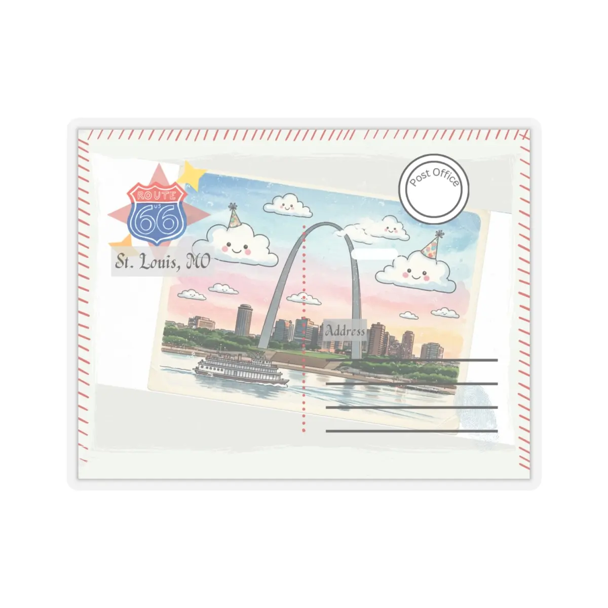 Route 66 St. Louis, MO Postcard Kiss-Cut Stickers - Travel Decor, Laptop Stickers, Scrapbooking, Souvenir Gifts, Wall Art