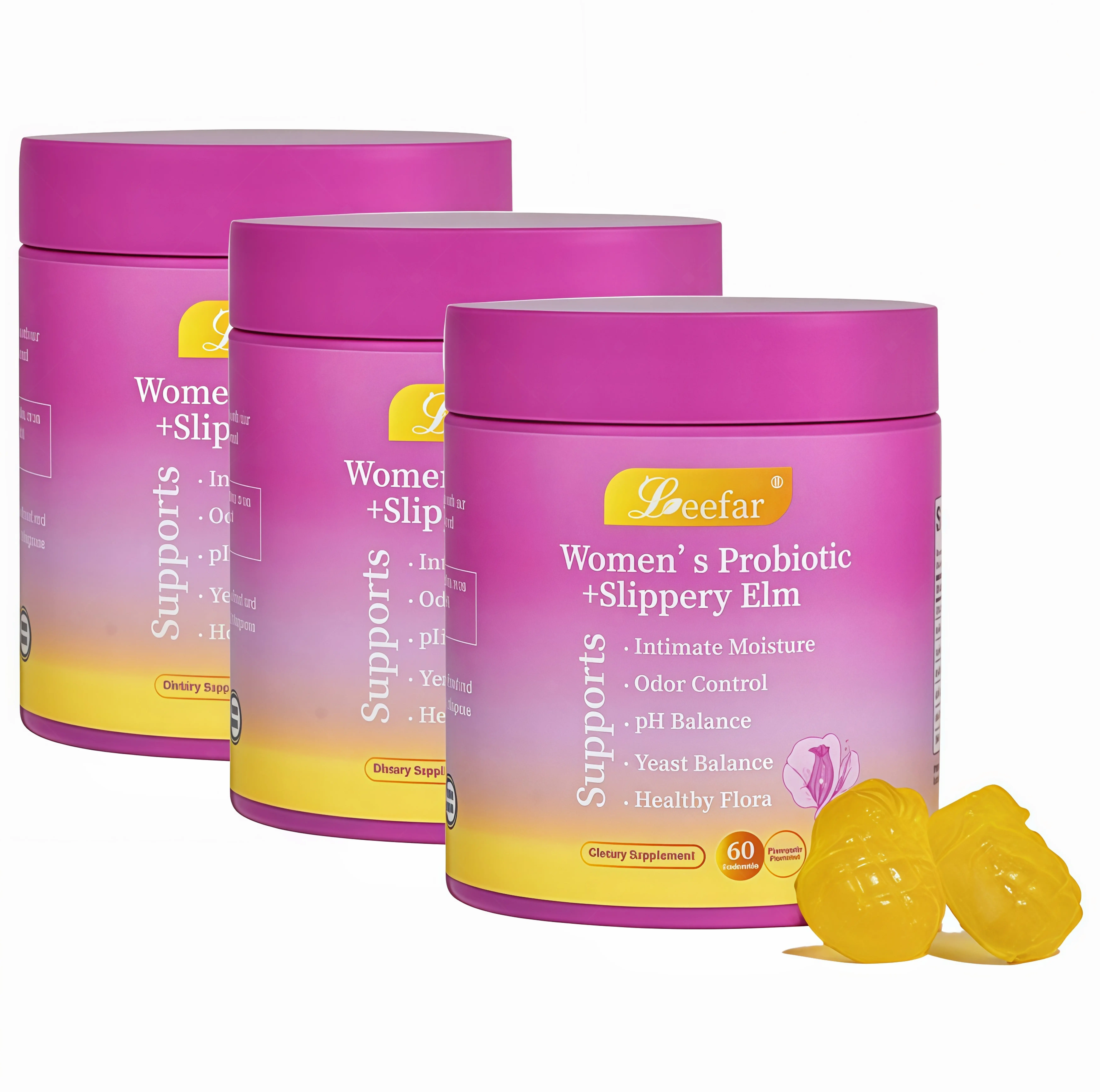 3 Botte LEEFAR Her Probiotics Gummies HY - All in One Solution with Slippery Elm and Prebiotics & Lactobacillus Probiotic Blend for Women's pH Balance and Dryness Hawaiian Pineapple Gummies Dietary Supplement