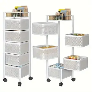 Kitchen Rotating Storage Cart 5 Tier Rolling Rack on Wheels, Floor Standing Organizer Shelf for Produce Veggie Fruit Snack Spice Onion Potato Bin, Home Kitchen Organization, Black White