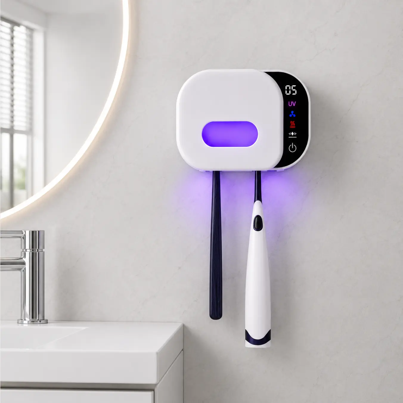 Modern UV Sterilize Sanitizer Holder, No-Drill Wall-Mounted Space-Saving Bathroom Organizer with Automatic UV Sanitizing, Touchless Smart Cleaner, Auto-Open Lid, LED Display, Drying Function, 2 Slot for Electric & Manual Brushes, White, Uv Dental Brush To