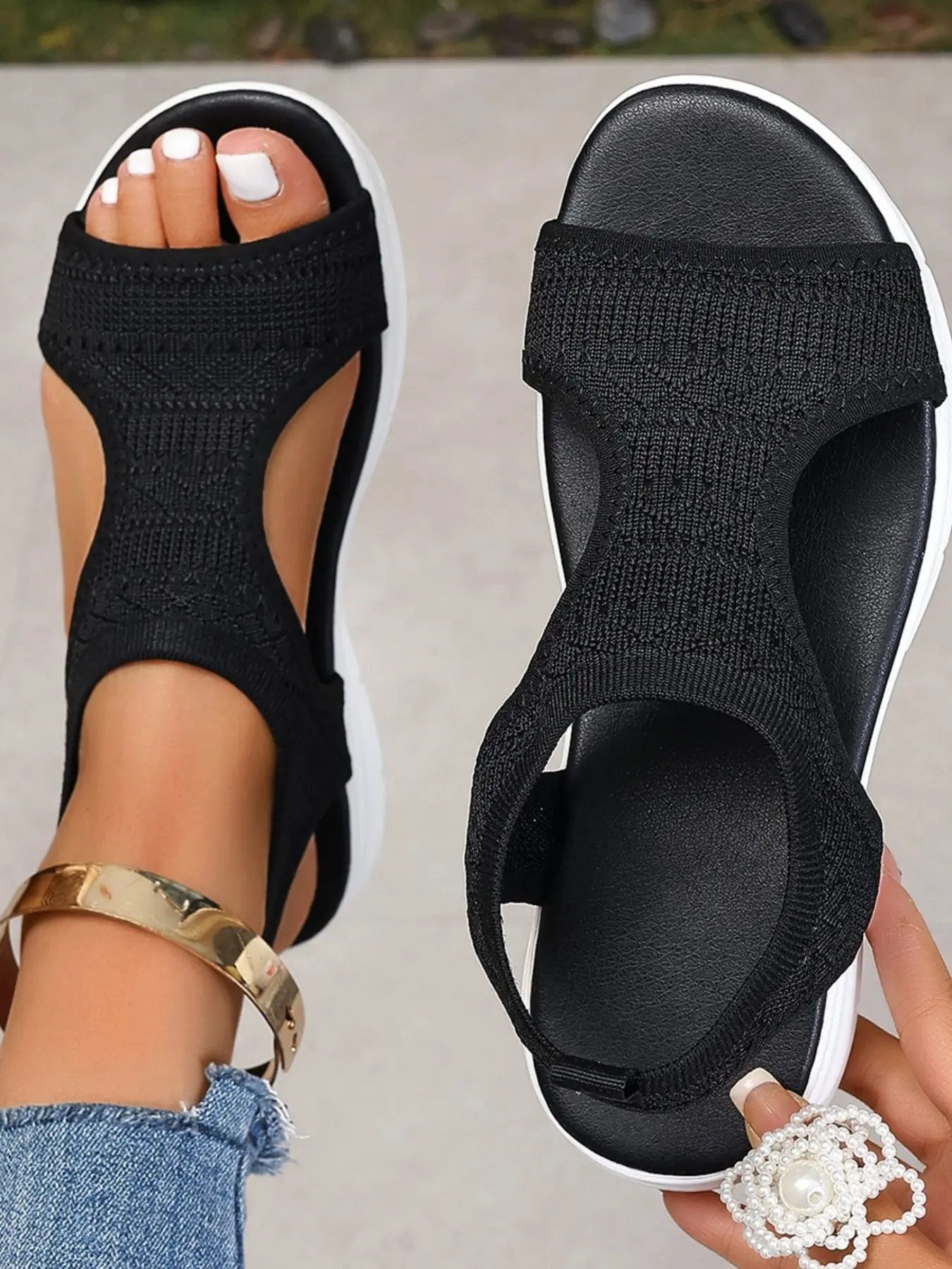Women's One-Piece Knit Texture Flat Summer Sandals, Fashionable Footwear, Cross Cutout Design, Comfortable Thick Sole, Ideal for Sports and Casual Wear