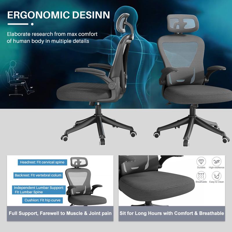 Ergonomic Office Chair, High Back Comfy Mesh Desk Chair with Wheels Adjustable Lumbar Support