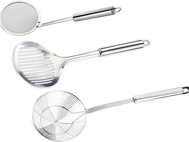 Stainless Steel Kitchen Tool Set, 3-Piece Cooking Utensils with Spider Strainer, Slotted Turner, and Crepe Spreader for Frying and Straining Oil