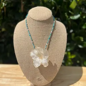"Seafoam Spirit" - White Azalea Flower Necklace Hand-Preserved in Crystal-Clear Resin with Turquoise Beads for Dreamers & Nature-Lovers