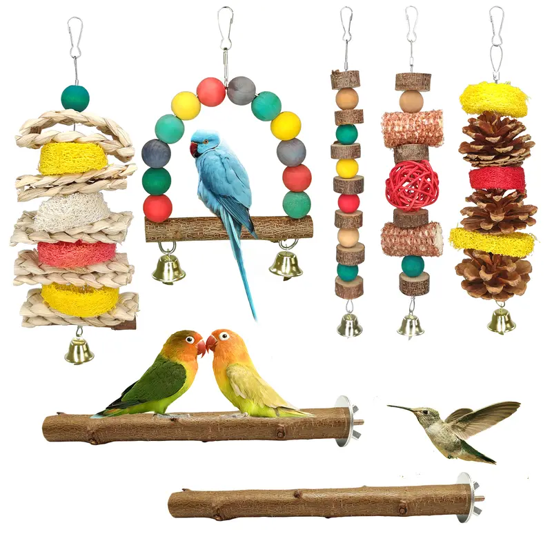 7-Pc Natural Wood Bird Toy & Perch Variety Set - Bird Perches for Cage, Budgie-Cockatiel Fit, Beak-Safe Chewing, Reduces Boredom, Dual Perch+Chew, Solid Sturdy Indoor Small Parrot Accessory, Alternative to Edible Treats