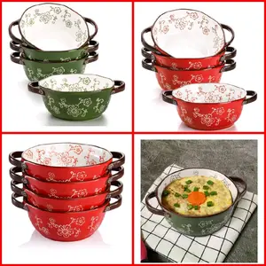 4 Pack Ceramic Soup Bowls, 22 Ounces Porcelain Serving Bowl Set with Doundle Handle, Large Ceramic Crocks for French Onion Soup, Stew, Pasta, Cereal, Pot Pies