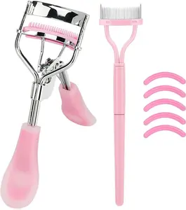 Stainless Steel Eyelash Curler with Comb & Brush – Fits All Eye Shapes, Includes 5 Silicone Refill Pads (Hazy Pink)