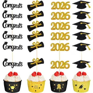 100 Pack 2026 Graduation Cupcake Toppers Glitter Grad Cap Food Appetizer Picks Cake Caps Party Decorations Diploma Cupcake Picks for Cake Class of 2026 Graduation Party (Black and Gold)