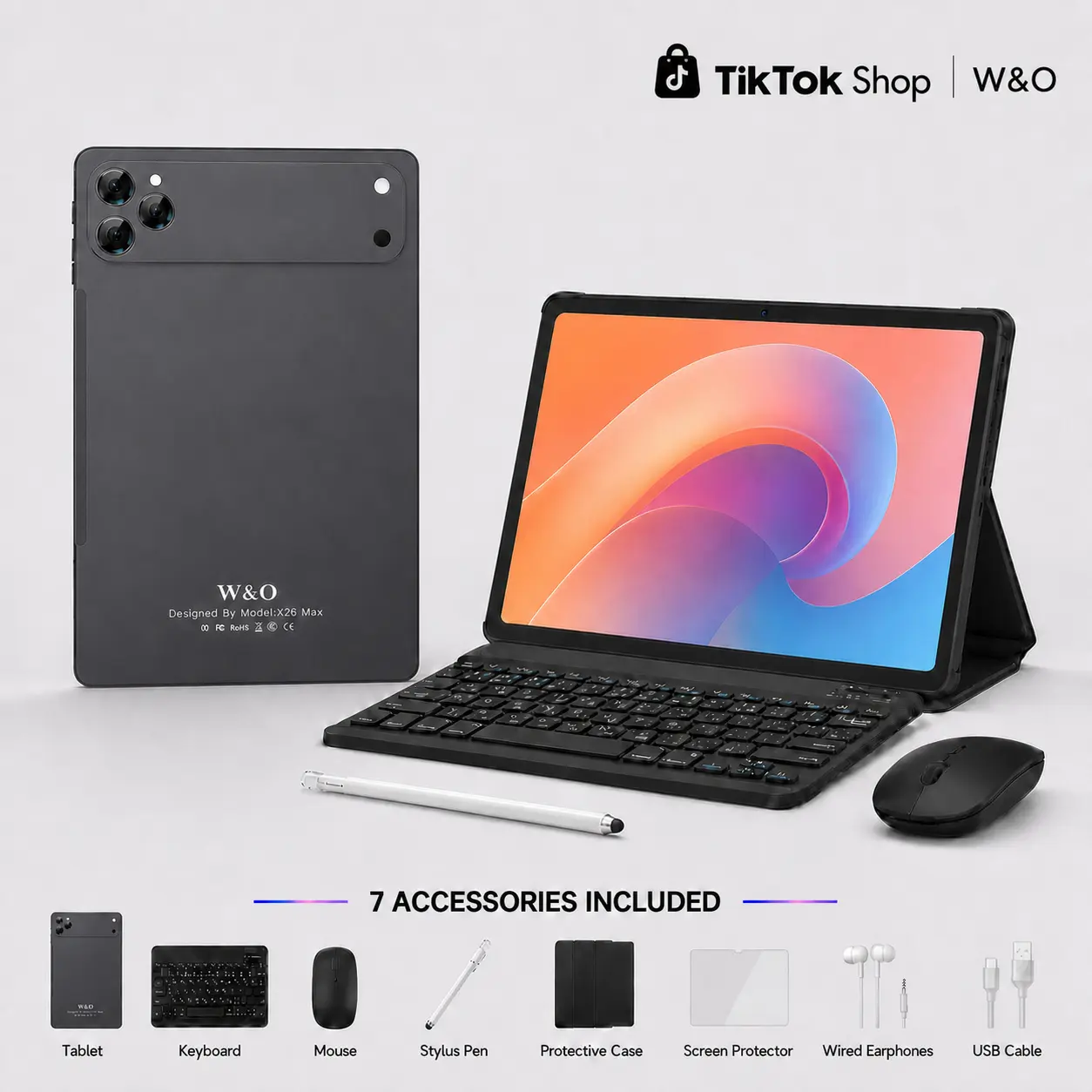 W&O 2026 Android 15 Tablet, 11-Inch Large HD Screen, 12GB RAM+256GB Expandable Storage, 10000mAh Long-Lasting Battery, 5G WiFi, Dual Camera, Tablet Bundle with Keyboard, Mouse, Stylus&Case, Portable Device for Work, Entertainment & Valentine’s Day Gift
