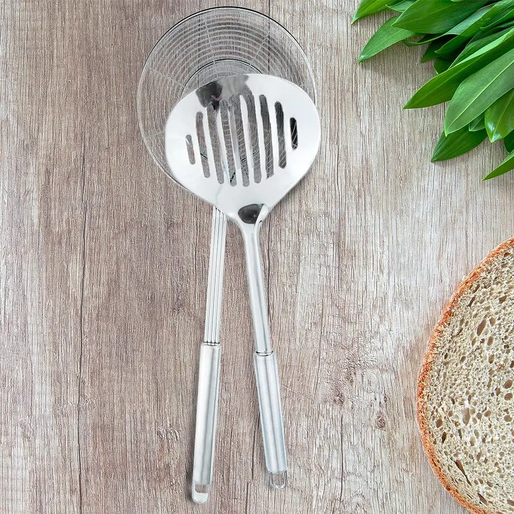 2-Pack Durable Stainless Steel Kitchen Spider Strainer Skimmer - Heat Resistant, Nonstick Oil Scoop, Hanging Hole for Storage Colander Spoon, Long Handle, Cooking, Frying Utensils Set