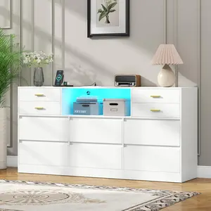 Gyfimoie 10 Drawer White Dresser with Charging Station & Led Lights for Bedroom, Large Dressers Organizer, Wide Chest of Drawer living room drawer