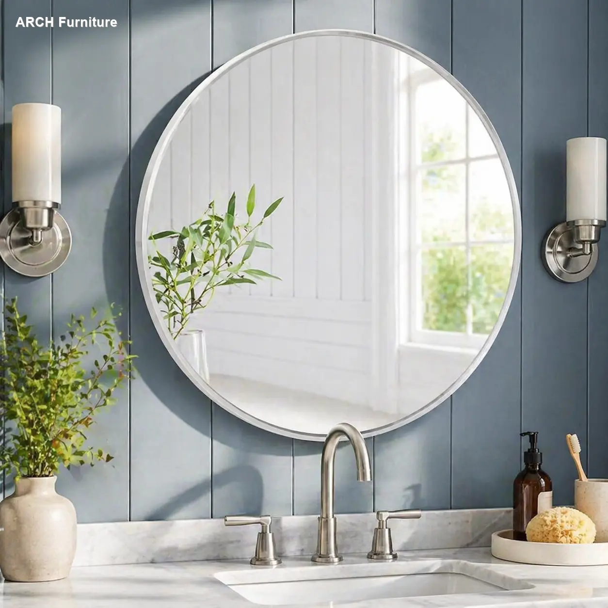 32-Inch Round Shatterproof Glass Bathroom Mirror, Silver Aluminium Metal Frame, Wall-Mounted Oversized Mirror with MDF Backing, Reinforced Hooks for Modern Home Decor & Improvement Installation (W2203134063)