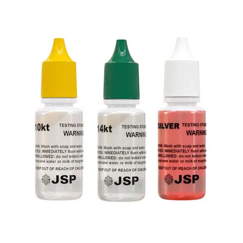 JSP Jewelry Testing Acid Solutions Kit with Multiple Acids, Bamboo Storage Box, ½ oz (Half Ounce) Bottles – 10k, 14k Gold & Sterling Silver Compatibility, 100+ Tests Each