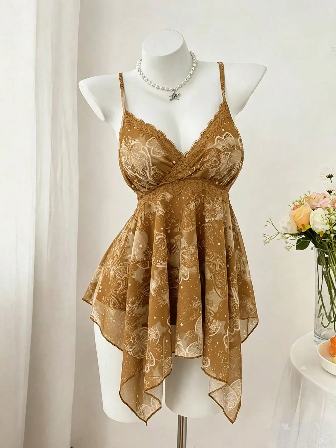 VYNCE Plus Size Women's Navy Blue Summer Retro Printed Paisley Lace Asymmetrical Scarf Hem Camisole Flowy Vacation Beach Top