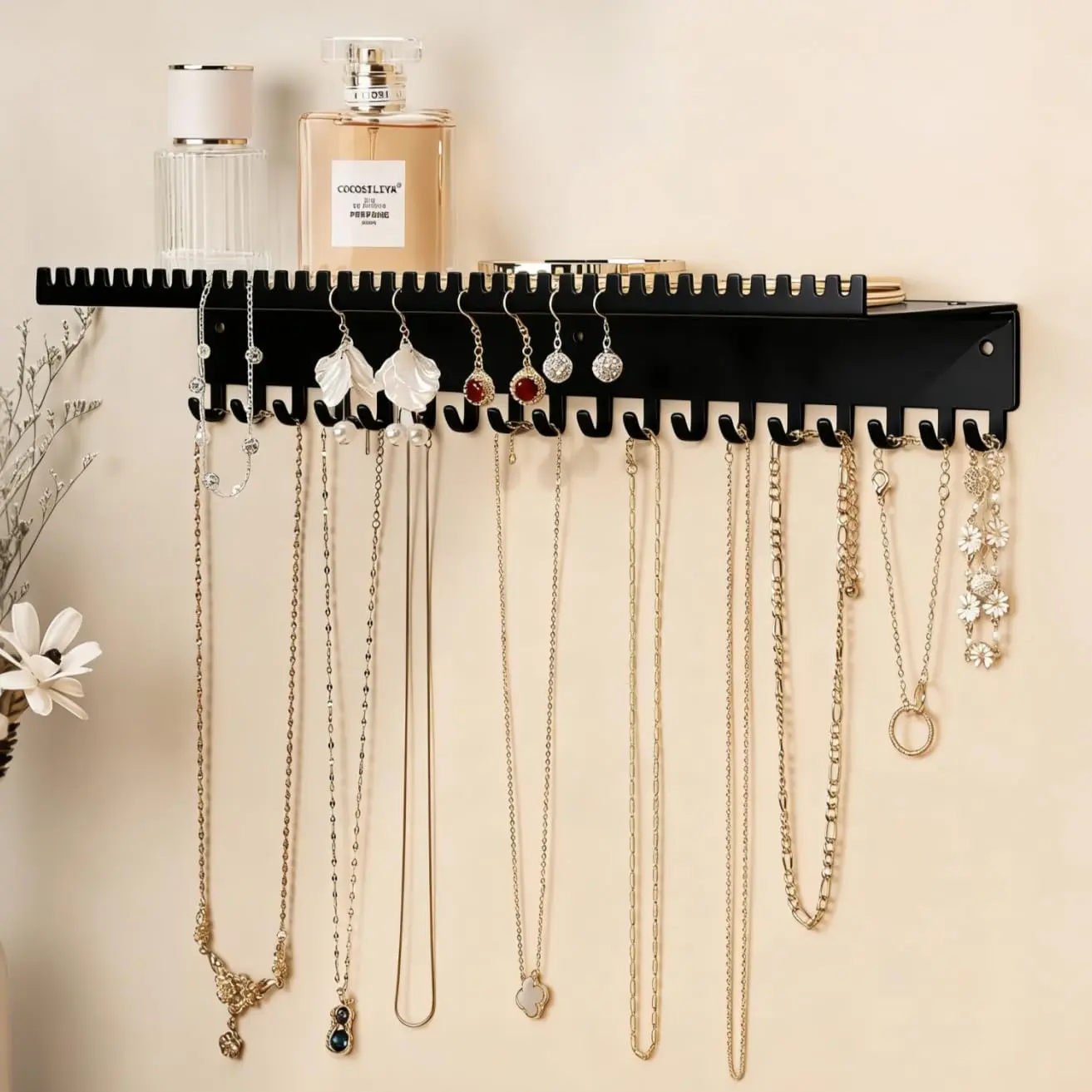 Wall-Mounted  Organizer with Hooks and Shelf - Necklace Hanger Holder for  Storage, Multi-Functional Wall Decor(for Rings, Earrings, Bracelets), Black