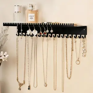 Wall-Mounted  Organizer with Hooks and Shelf - Necklace Hanger Holder for  Storage, Multi-Functional Wall Decor(for Rings, Earrings, Bracelets), Black
