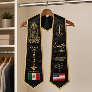 Custom Name Dual Flag Graduation Stole, Personalized Senior Sash with Name School Year, Mexican Grad Sash