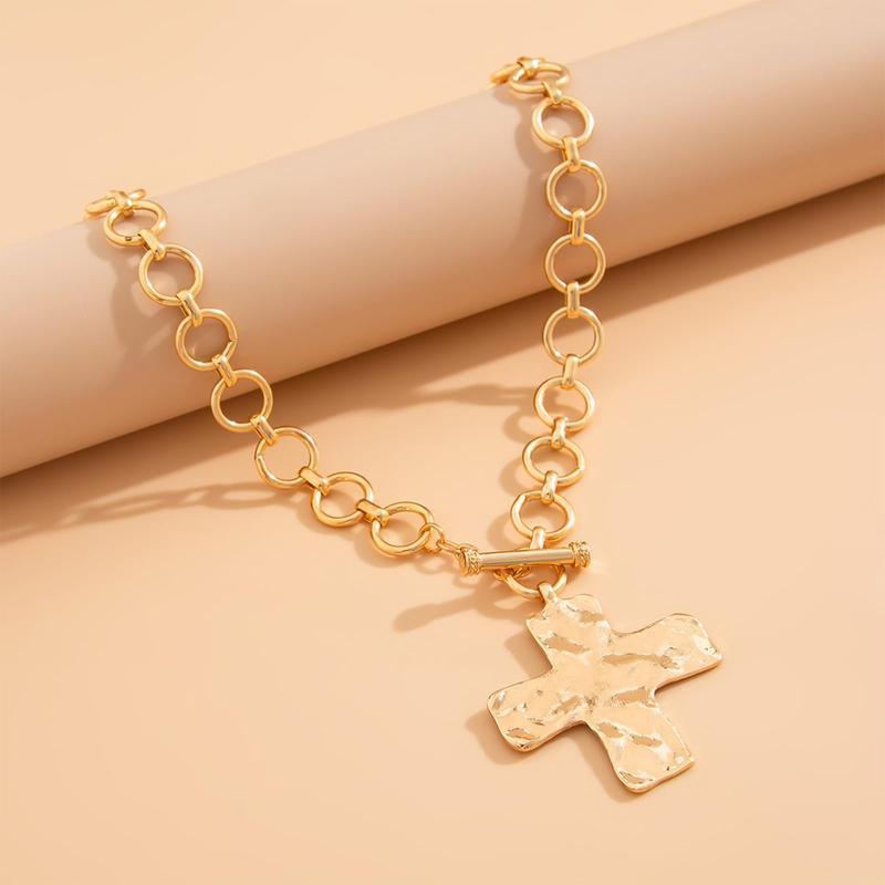 Gold Chunky Cross Necklace for Women Statement Cross Pendant Necklace Layered Hammered Bold Cross Necklace Vintage Toggle Clasp Necklace Accessories tennis petal update hat sand casting jewelry