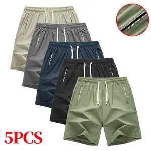 Pack of 5 Men's Sports Gym Workout Shorts, Quick Drying, Basketball Running Light Shorts, Elastic Belt Side Zipper Pockets, Ice Silk Quick Drying and Breathable, Suitable for Daily Running