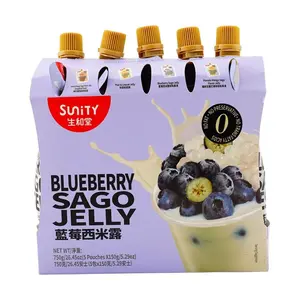 Sunity Blueberry Sago Jelly Pouch Drink – 5 Packs (5.29oz Each) | Fruity & Chewy Asian Dessert with Real Blueberry Flavor