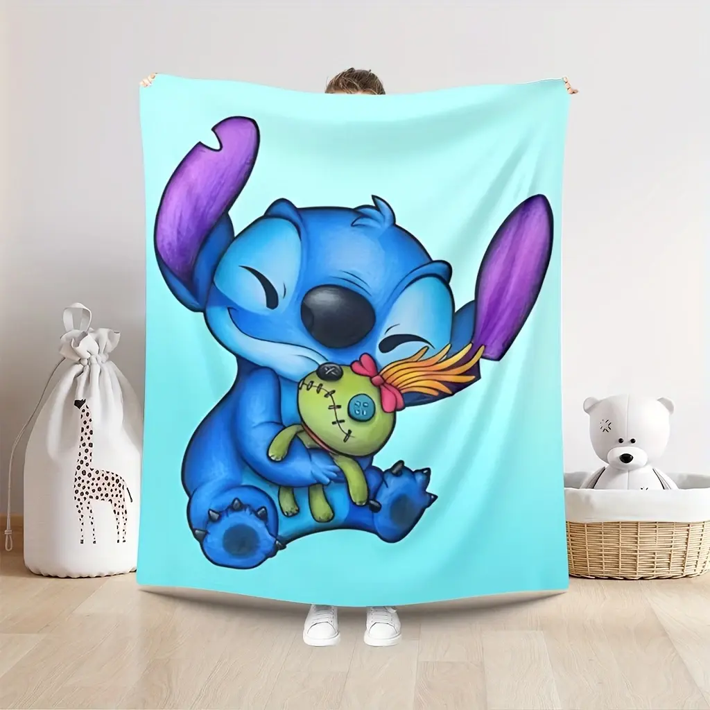 [SummerVibes] DISNEY CLASSIC Stitch Flannel Blanket – Soft, Warm, and Cozy Cartoon Print with Stitch & Plush Toy Design – Perfect for Sofa, Bed, Car, Office, or Camping