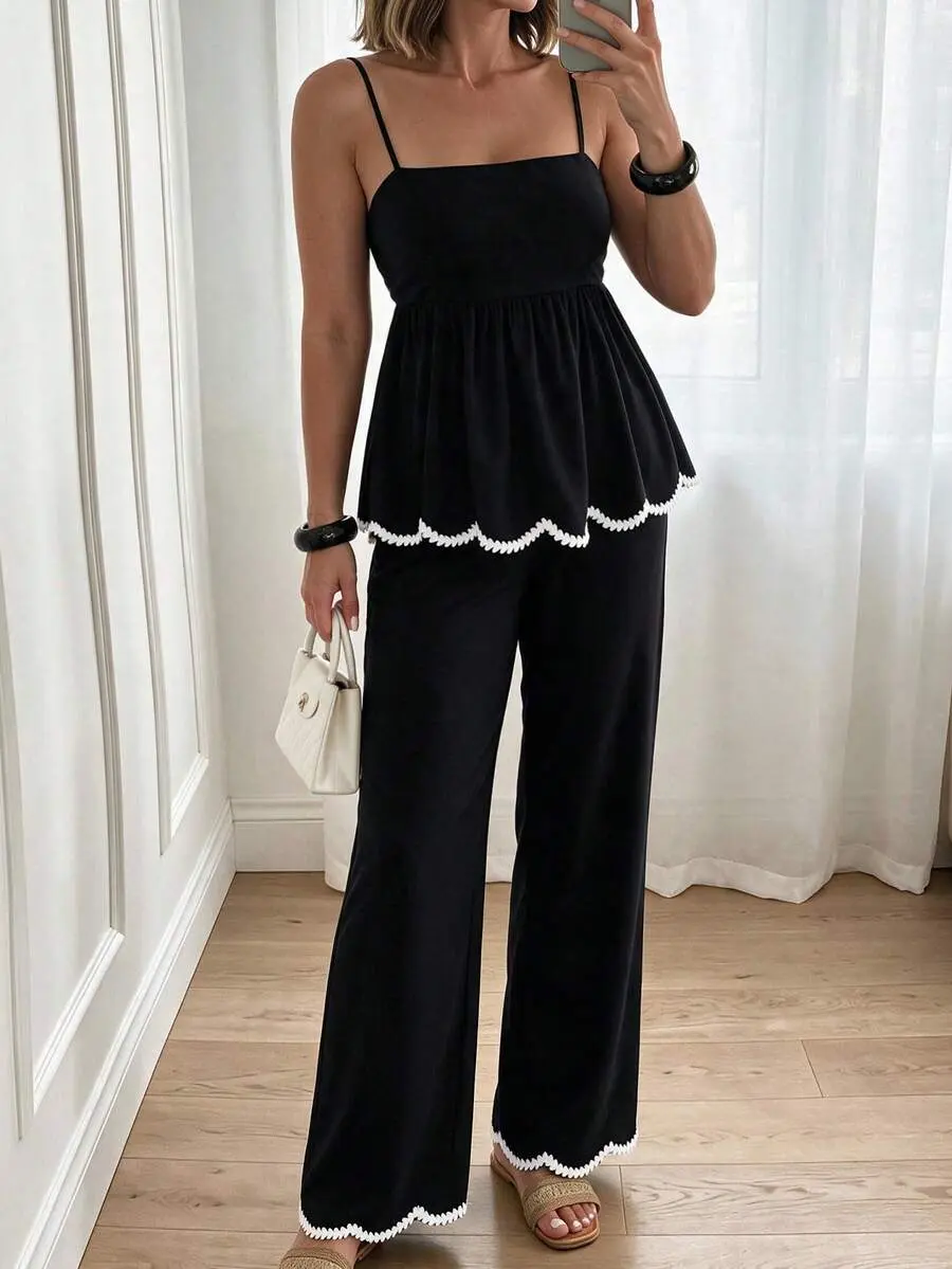 NOVANI Women's Summer 2 Pieces Set, Ruffled Contrast Color Crochet Camisole And Wide Leg Pants, Casual Commuter Outfit