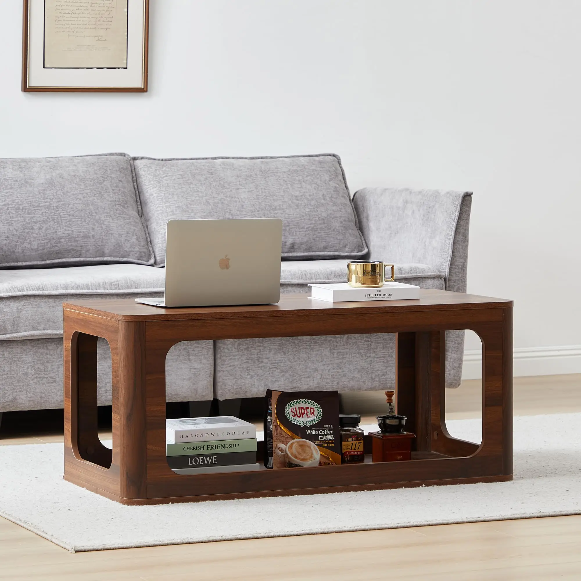 Giratree Coffee Table for Living Room, Farmhouse Coffee Table with 2-Tier Storage, Accent Wood Coffee Table for Living Room