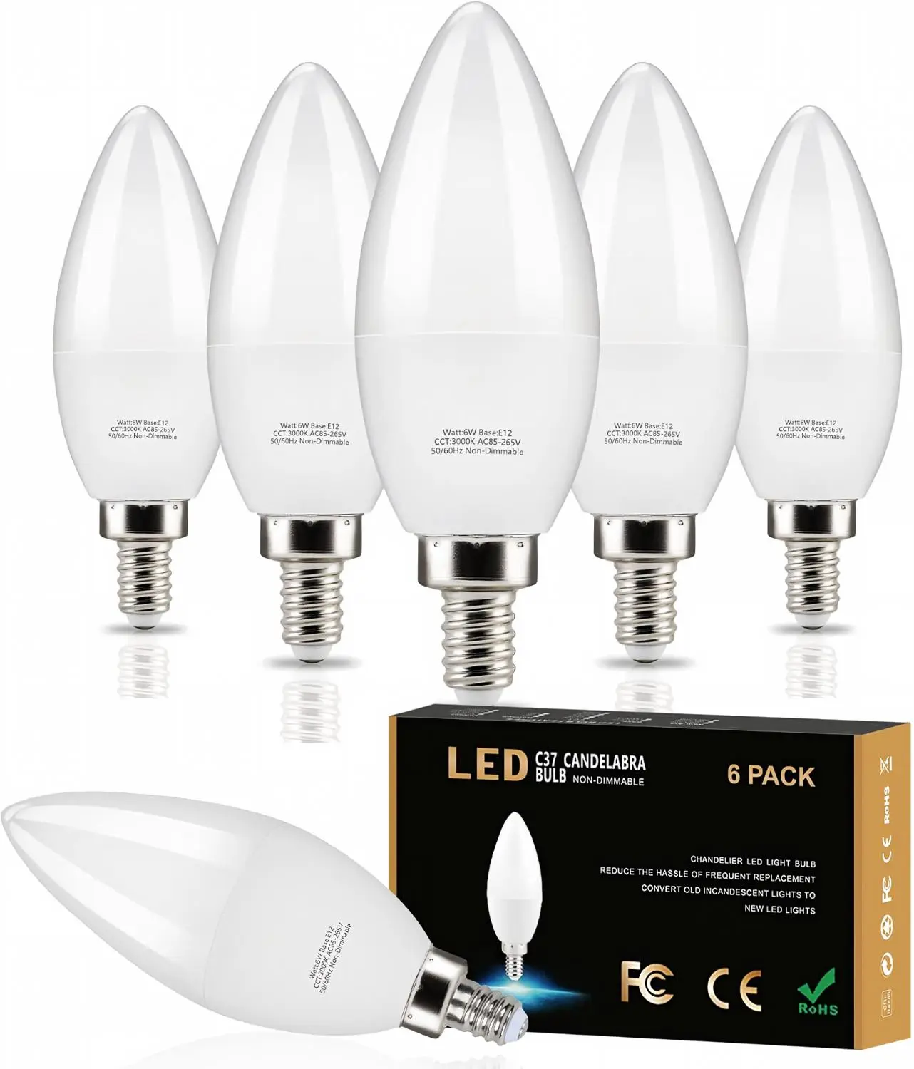 E12 LED Candle Bulbs, 60W Equivalent Candelabra Light Bulbs, 3000K Soft White LED Chandelier Bulbs for Ceiling Fan & Decorative Lighting