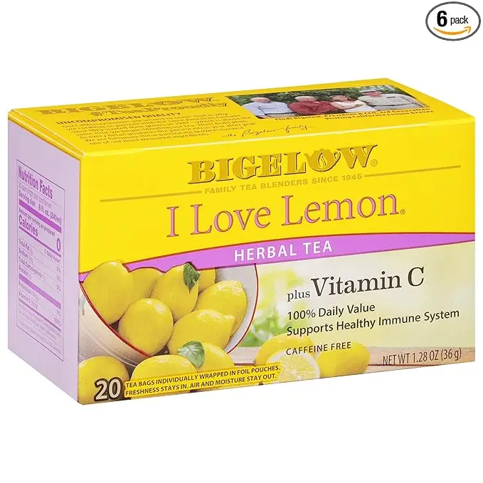 Bigelow Tea I Love Lemon with Vitamin C Herbal Tea, Caffeine Free Tea , 20 Count Box (Pack of 6), 120 Total Tea Bags