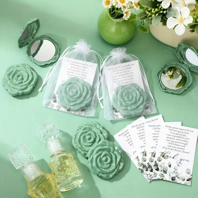 10pcs Green Rose Design Compact Pocket Mirrors - 3D Floral Compact Mirrors, Foldable, Ideal for Wedding & Birthday Party Gifts, Travel Makeup Mirror