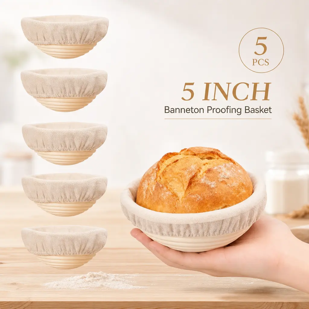 littleox Banneton Bread Proofing Basket Set of 5, 5 Inch Mini Sourdough Bread Baking Supplies, Small Banneton Basket Proofing Baskets for Sourdough Bread Baking