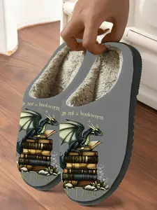 Fancy Artistic Book Dragon Cute Pattern Fall & Winter Warm Non-Slip Indoor Cotton Slippers for Adults, Textile Upper Material
