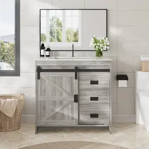 30"/32"/36" Farmhouse Single Sink Bathroom Vanity with Ceramic Top, Gray Sliding Barn Door Cabinet with Storage (Faucet not included)