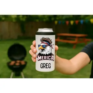 ’Merica Personalized 12oz Slim Can Coozie – Bald Eagle Sublimated Insulated Can Cooler
