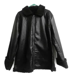 Black Faux Leather Jacket with Faux Fur Lining Casual Long Sleeve