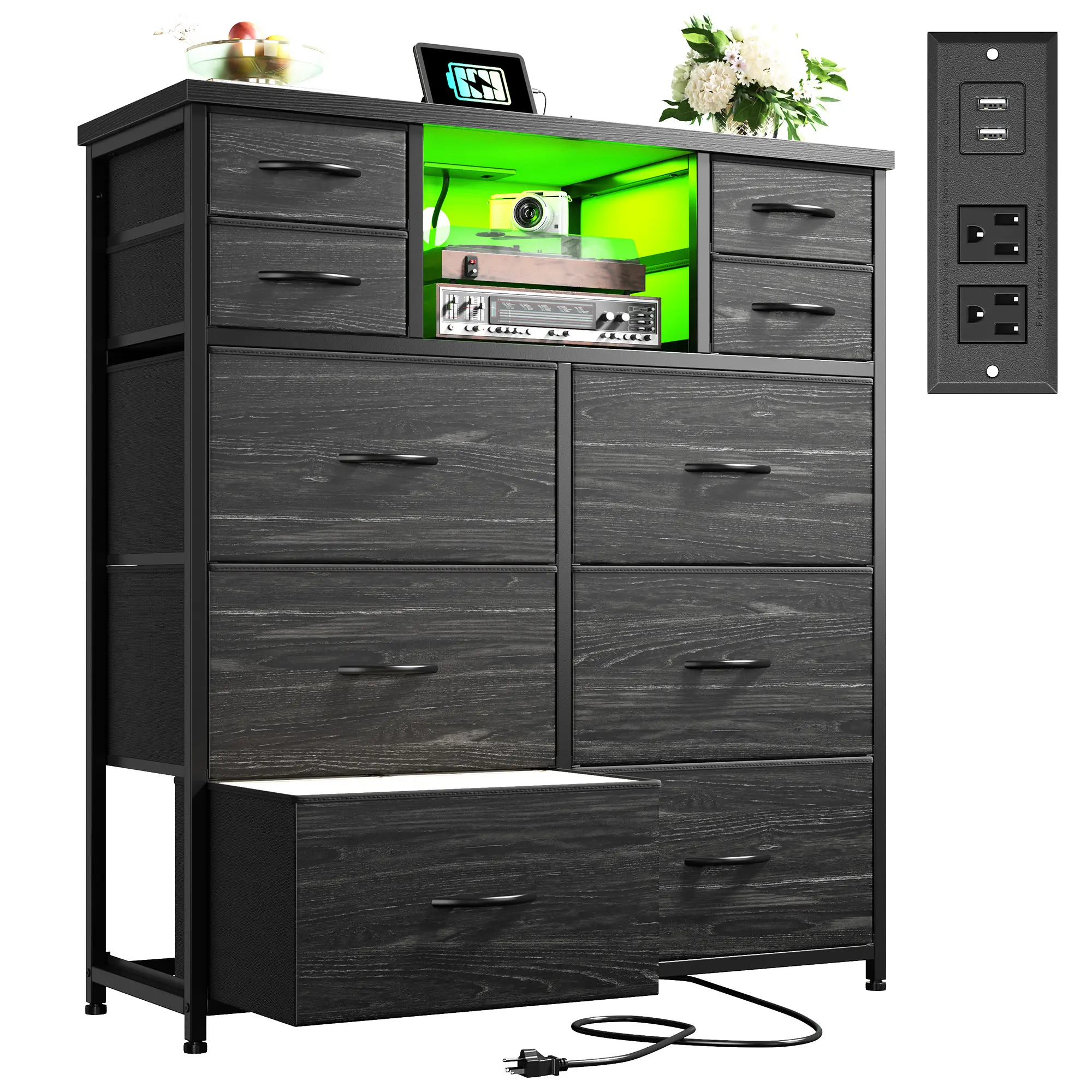 【Deals for you Days】Raybee Modern Organizer 10 Fabric Drawers Dresser, open shelving fabric dresser & chest of drawers with USB charging port & LED lights, suitable for hallway & living room, steel frame, wooden top, Easy to assemble