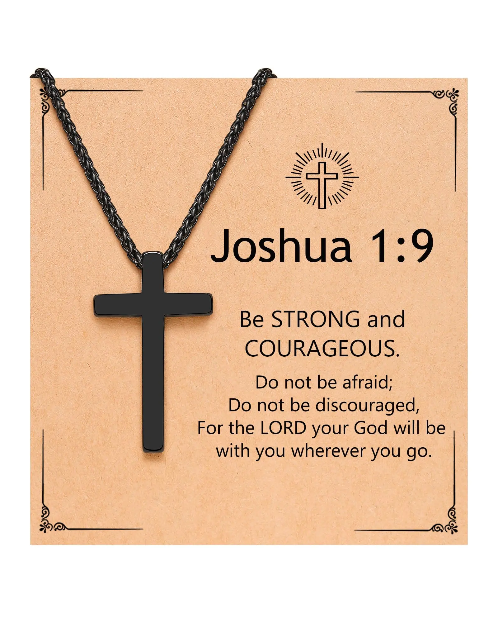 Black Cross Faith Necklace for Men & Boys, Simple Stainless Steel Christian Pendant with Joshua 1:9 Verse, Religious Gift, 18-20 Inch Chain, Cross Chain Design, Casual, Male, 1.2” X 0.7”, Formal