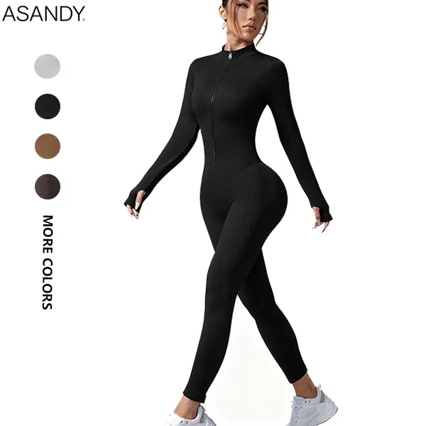 ASANDY Women's Yoga Jumpsuit, Seamless Ribbed Knit Long Sleeve Mock Neck Zip-Up Bodysuit for Gym & Daily Wear, Stretch, Jumpsuits For Women, Activewear, Long Sleeves, Knitting, Zipper Yoga Jumpsuit, Seamless Knit