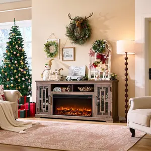 Fireplace TV Stand with 36" Electric Fireplace for 80 Inch TV, Farmhouse 32" Tall Highboy Entertainment Center w/6 Shelves, Modern Media Console w/Storage for Living Room, Rustic Brown