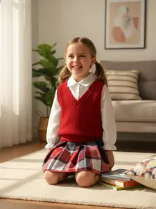 Viral Fall Fashion Alert Adorable & Chic Girls' Preppy School Outfit Set with Cozy Red Sweater Vest Crisp White Long-Sleeve Shirt and Vibrant Plaid Pleated Skirt Perfect for Toddler Autumn Winter Clothes