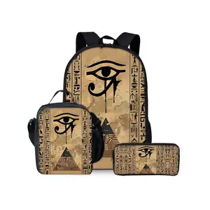 Egyptian hieroglyph printed backpack three piece set including lunch bag and pencil case