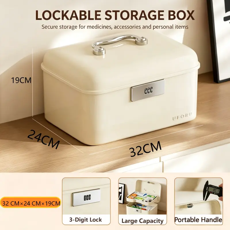 Multi-Purpose Lockable Storage Container with Combination Lock, Double Layer Organizer Box for First Aid Kit, Cosmetics, Passport, Small Valuables, Bedroom Cabinet Storage
