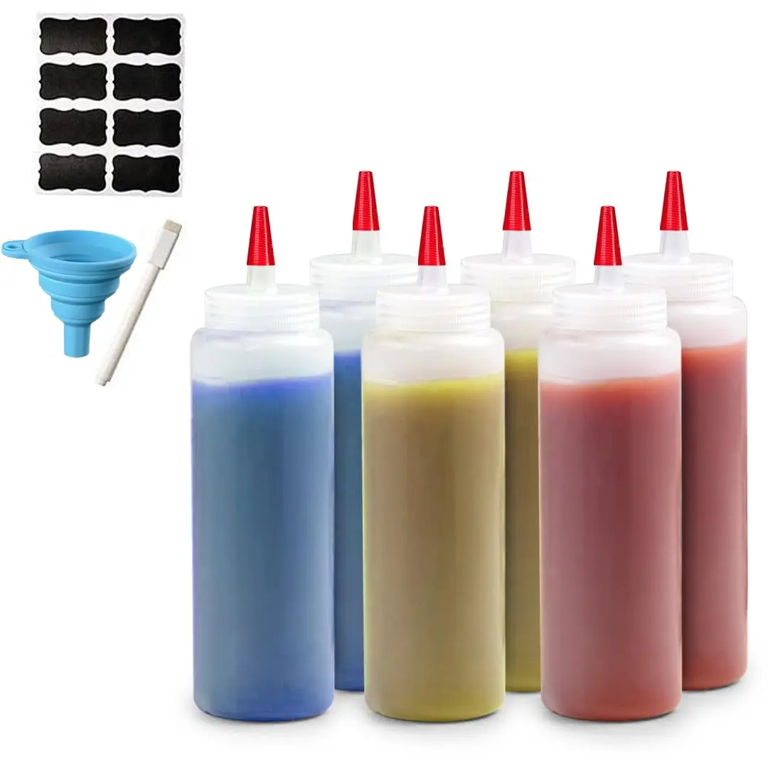 Durable BPA-Free Silicone Plastic Condiment Squeeze Bottles - Kitchenware Multi-Size Set (6/8/12PCS, 8/12/16oz) with Airtight Cap Drizzlers & Dressing Shakers, Funnel, Erasable Marker, Reusable Labels for Sauces, Salad Dressings