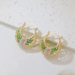 14K Gold Plated Our Lady of Guadalupe Hoop Earrings, Tri Tone Virgin Mary with Green Enamel Filigree, Boho Religious Basket Hoop Earrings for Women, Good Luck Protection Jewelry