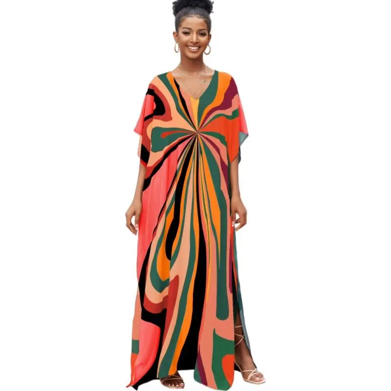 Women's Plus Size Viscose Beach Kaftan - Boho Geometric Casual Maxi Cut Dress with Batwing Sleeves, 52" Full Coverage, Side Slits, Sun Protection Fabric, Resort Wear Cover Up, Holiday Attire, Hand Wash Cold, Do Not Tumble Dry