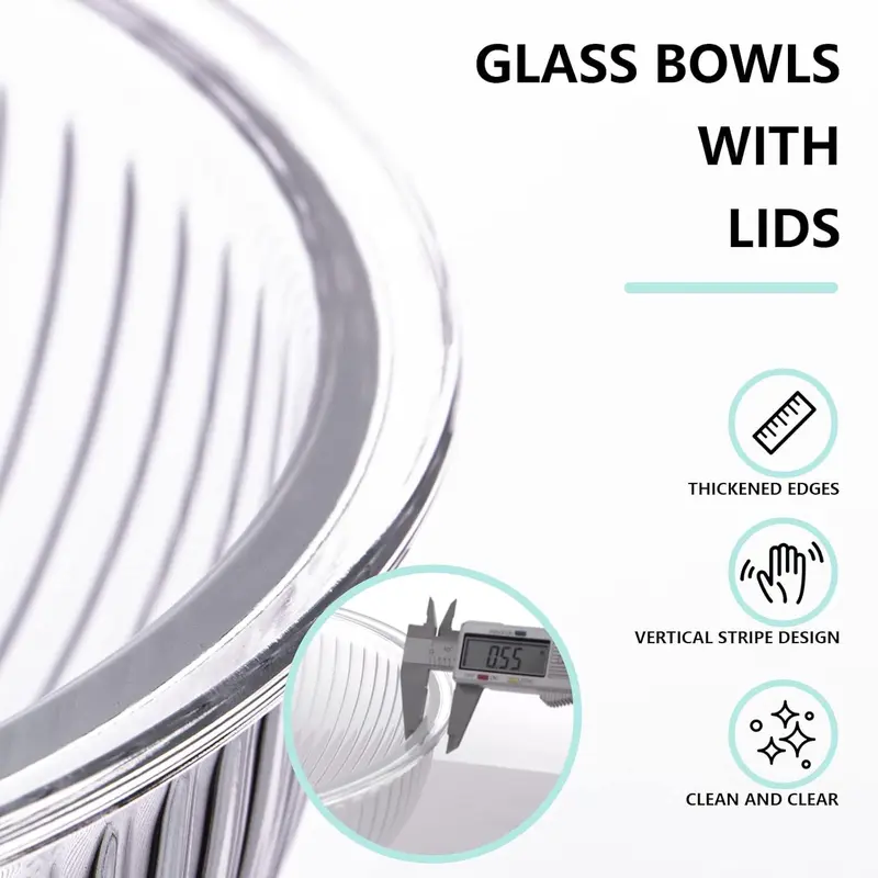 Borosilicate Glass Stackable Mixing Bowls Set - 3-Piece Round Modern Covered Bowls for Cooking, Baking, 1L/2L/3.5L Transparent Ribbed Nesting Kitchen Tableware for Food Storage