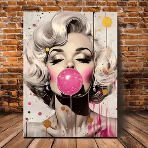 2D Flat Explosion Art Canvas Wall Art - American Actress Bubblegum Portrait with Bright Pink and Gold Glitter, Wooden Frame, Ready to Hang Modern Home Decoration for Interior Decoration, Suitable for Living Room, Anniversary, Ladies' Party, 2D Flat,