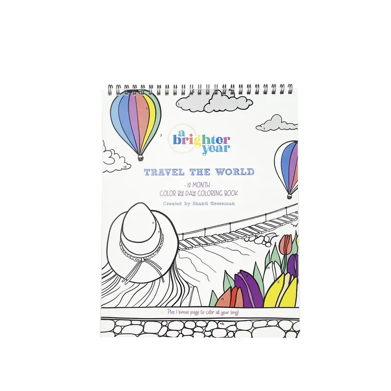 A Brighter Year Adults Coloring Activity Book, Travel-Themed 8x10 in Soft Cover with 12 Monthly Coloring Pages & Black-White Calendar Pages