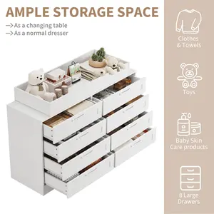 Changing Table Dresser with 8 Wood Drawers, Classic Nursery Dresser, Changing Shelves, Multi-Functional Diaper Changing Station, Dresser for Bedroom